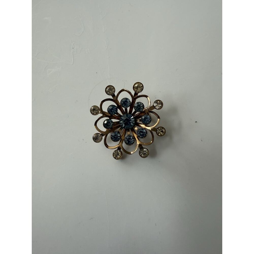 VTG Snowflake Star Blue Gold Rhinestone Pin Brooch